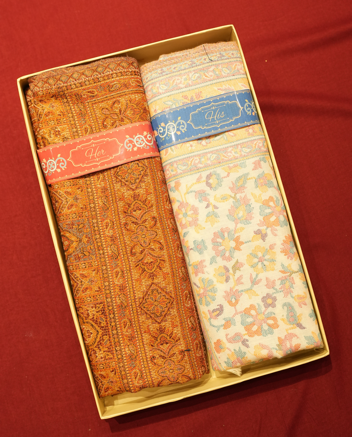 Pashmal His & Her Set of Jamawar Shawl & Stole, Premium Gift Box Packaging, Orange & Cream