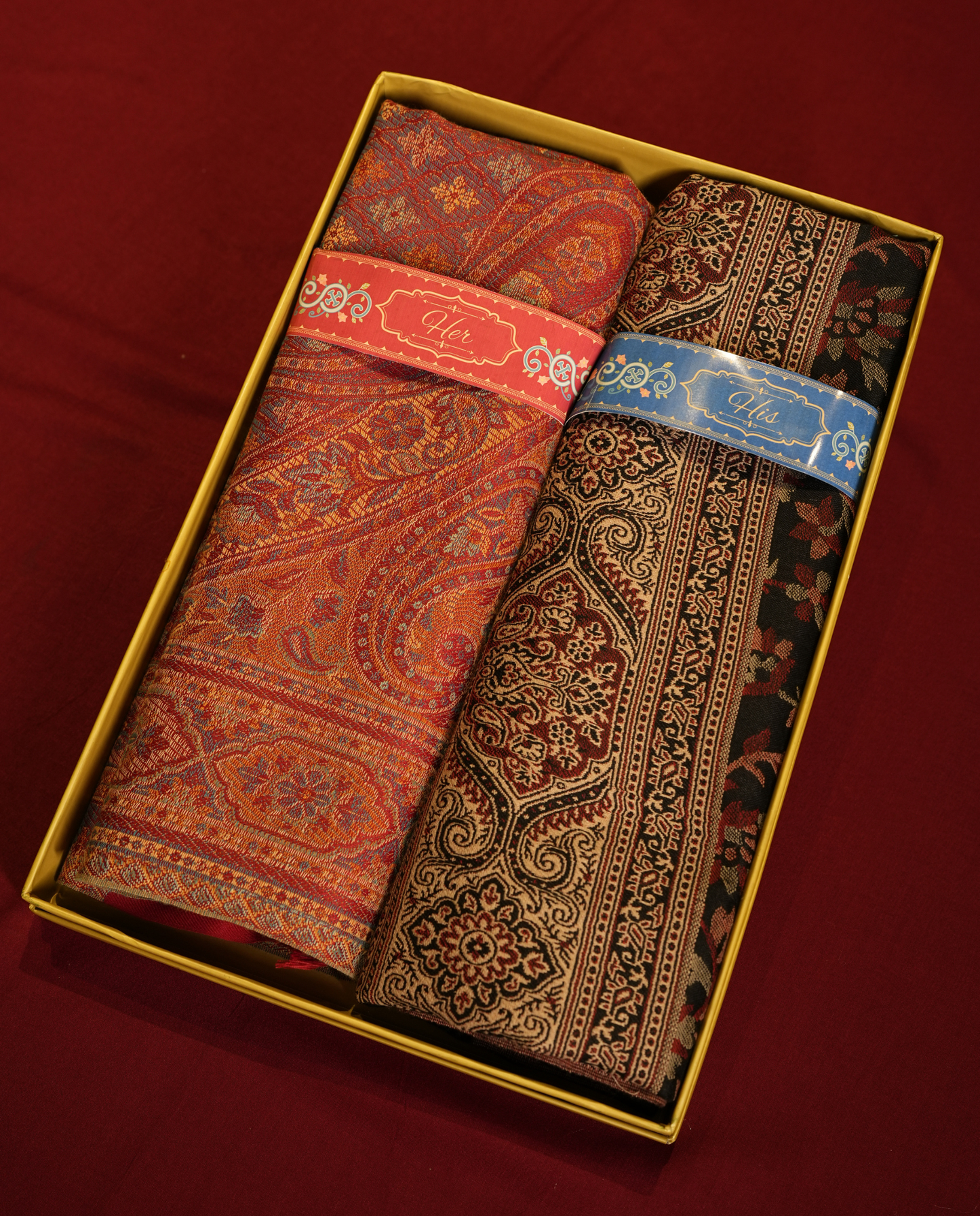 Pashmal His & Her Jamawar Shawl Set, Premium Gift Box, Rust & Black