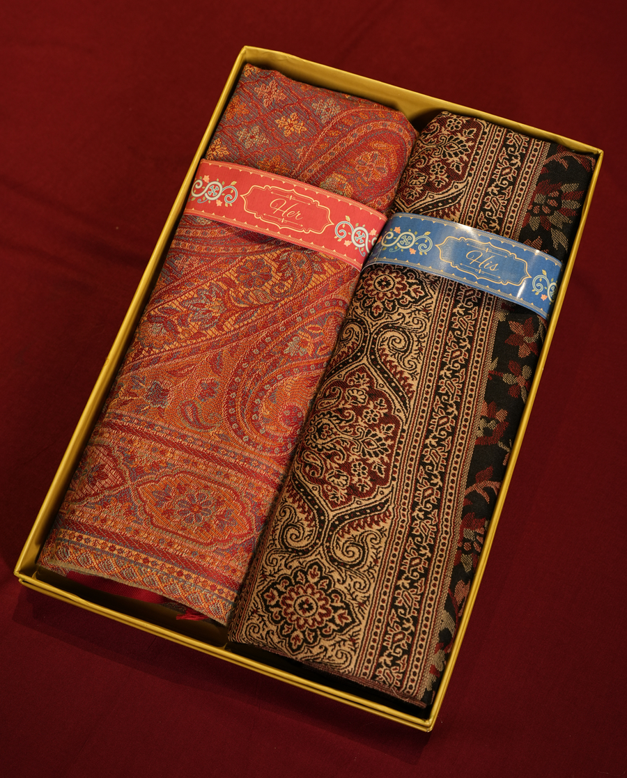 Pashmal His & Her Jamawar Shawl Set, Premium Gift Box, Rust & Black