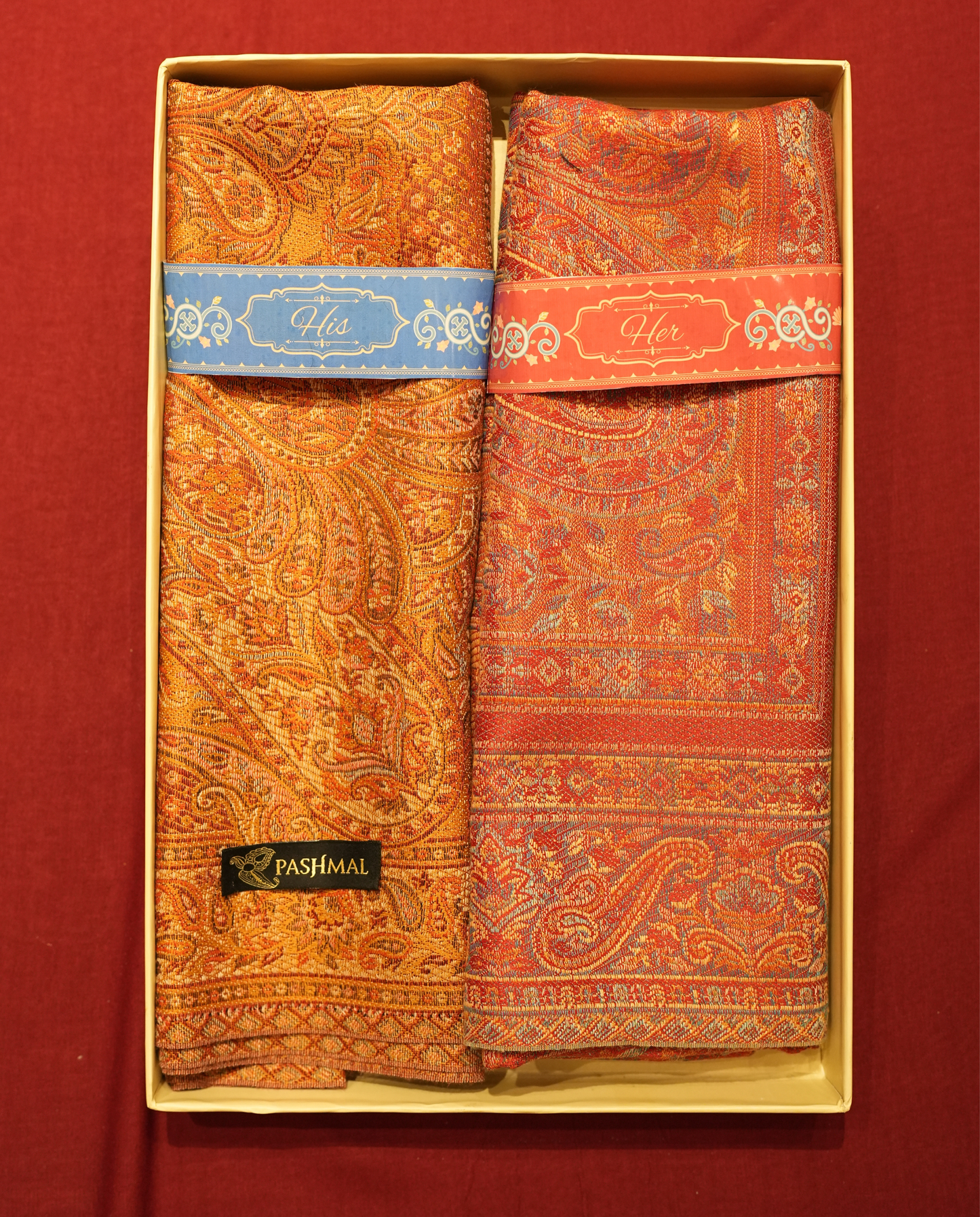 Pashmal His & Her Set of Jamawar Shawl & Stole, Premium Gift Box Packaging, Mustard Orange & Red
