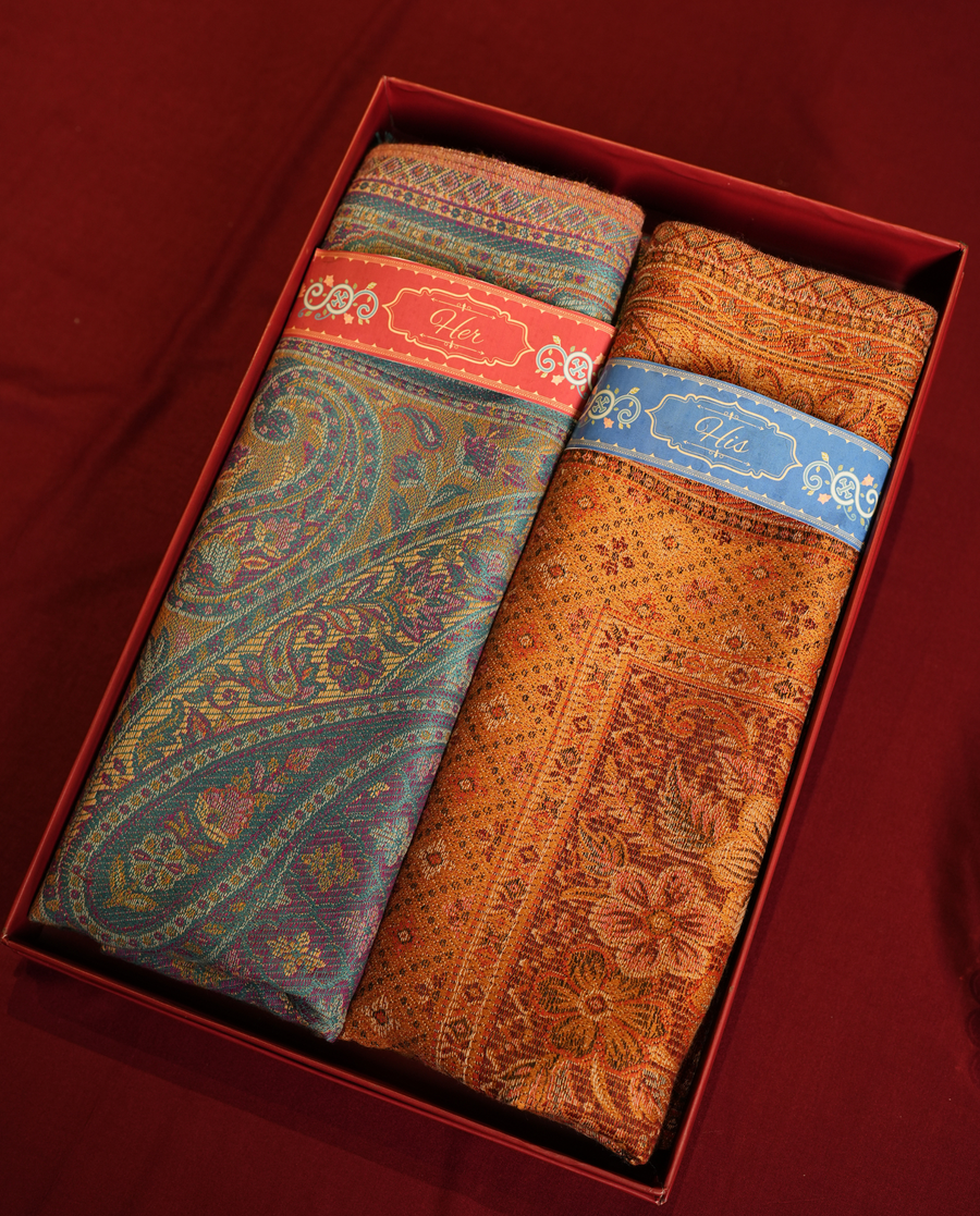 Pashmal His & Her Jamawar Shawl Set, Premium Gift Box, Teal & Orange