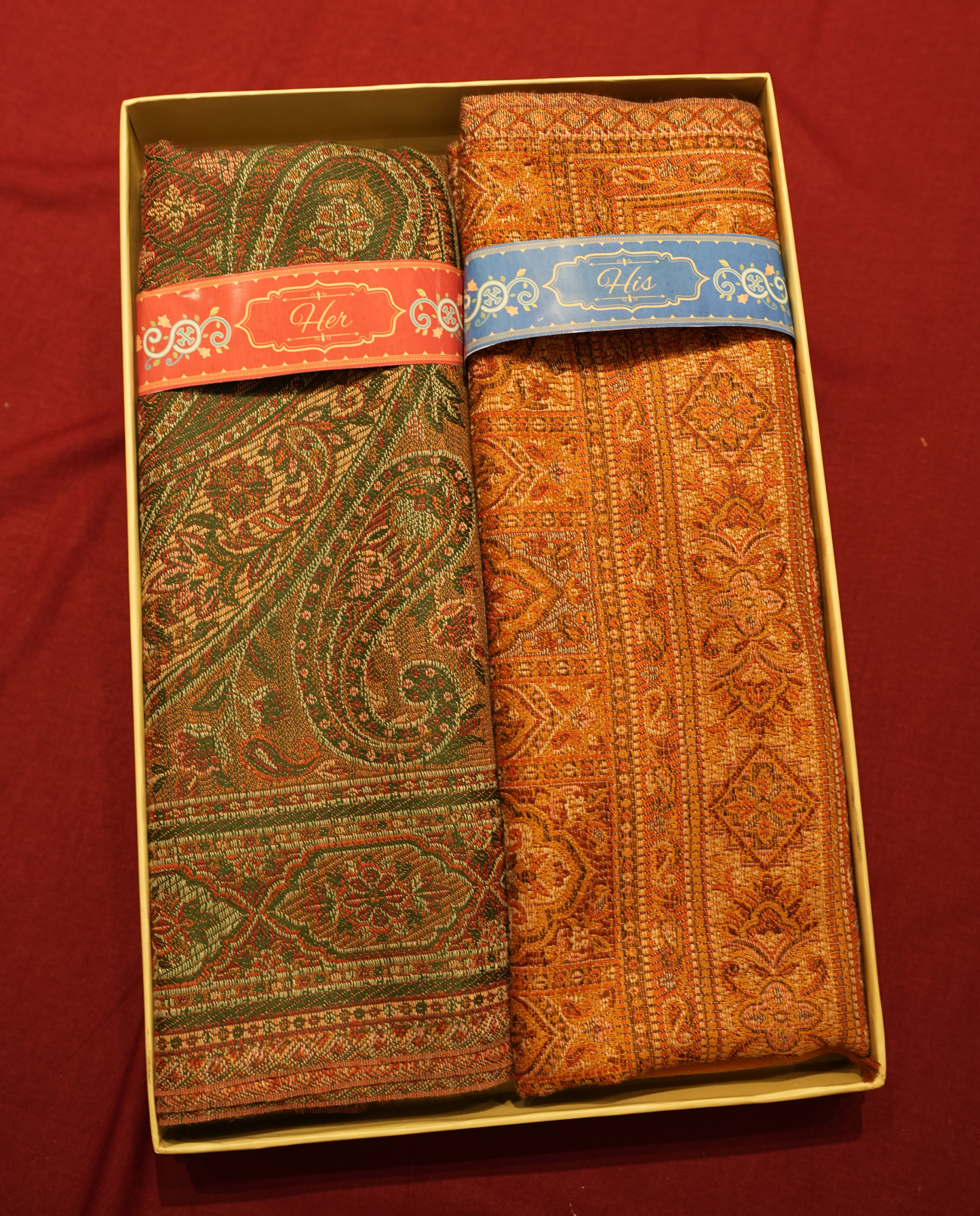 Pashmal His & Her Set of Jamawar Shawl & Stole, Premium Gift Box Packaging, Olive Green & Rust Orange