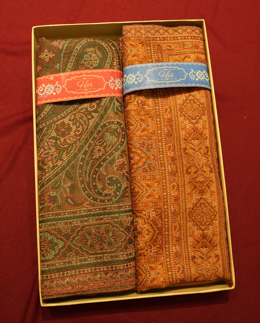Pashmal His & Her Set of Jamawar Shawl & Stole, Premium Gift Box Packaging, Olive Green & Rust Orange