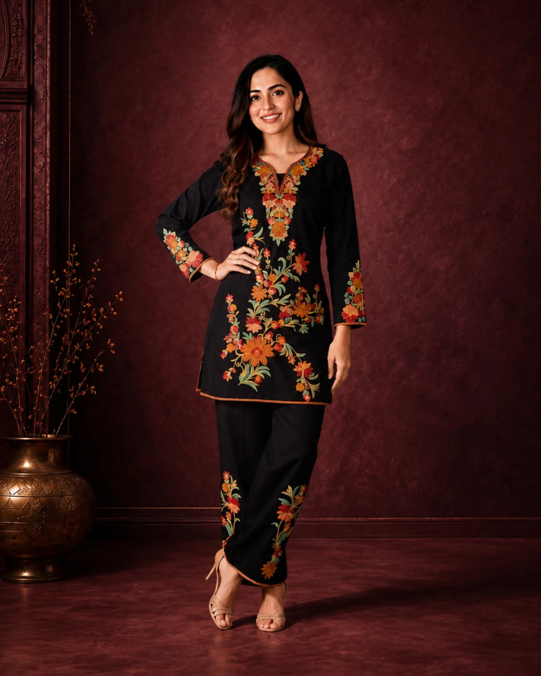 FIRAAZ BLACK FLORAL EMBROIDERED CO-ORD SET
