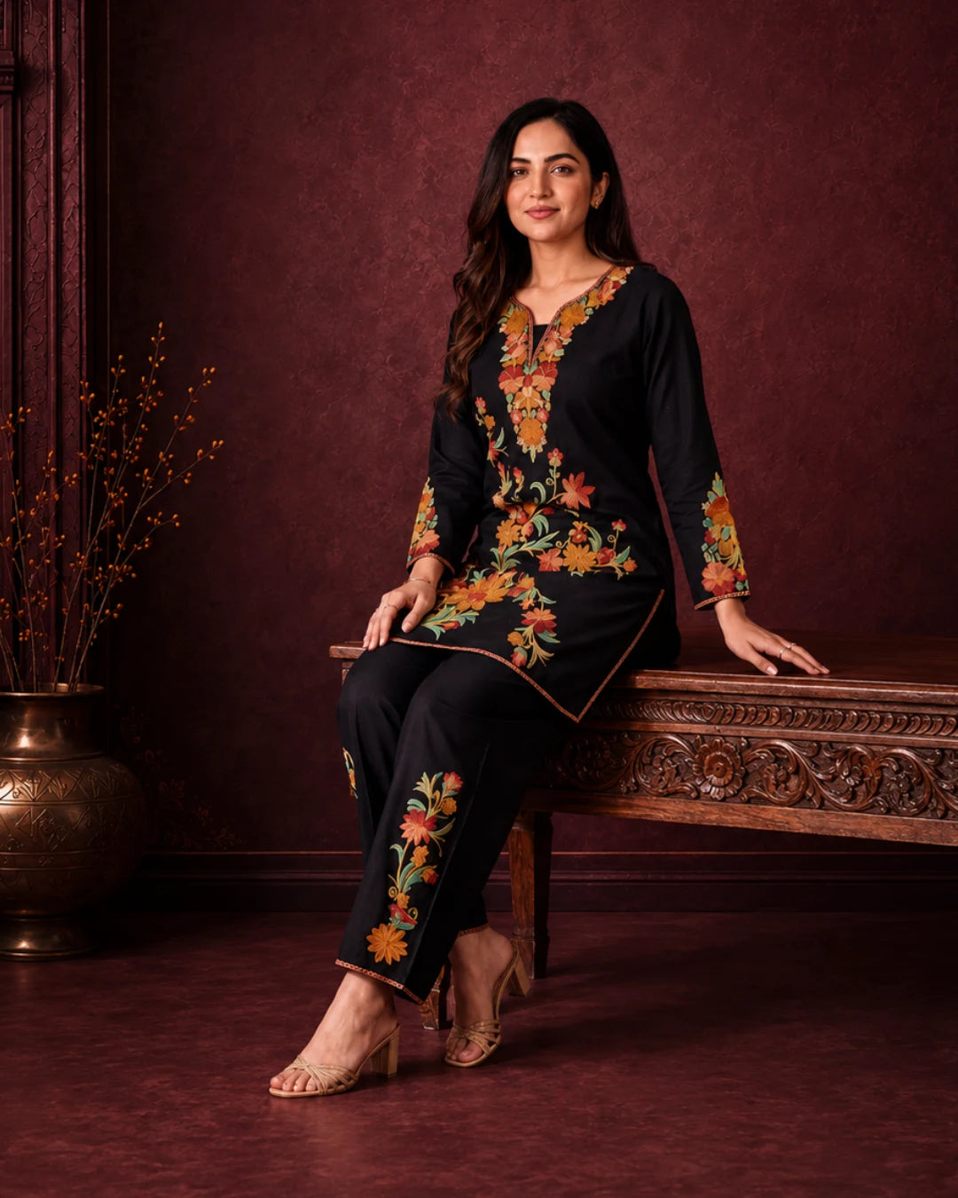 FIRAAZ BLACK FLORAL EMBROIDERED CO-ORD SET