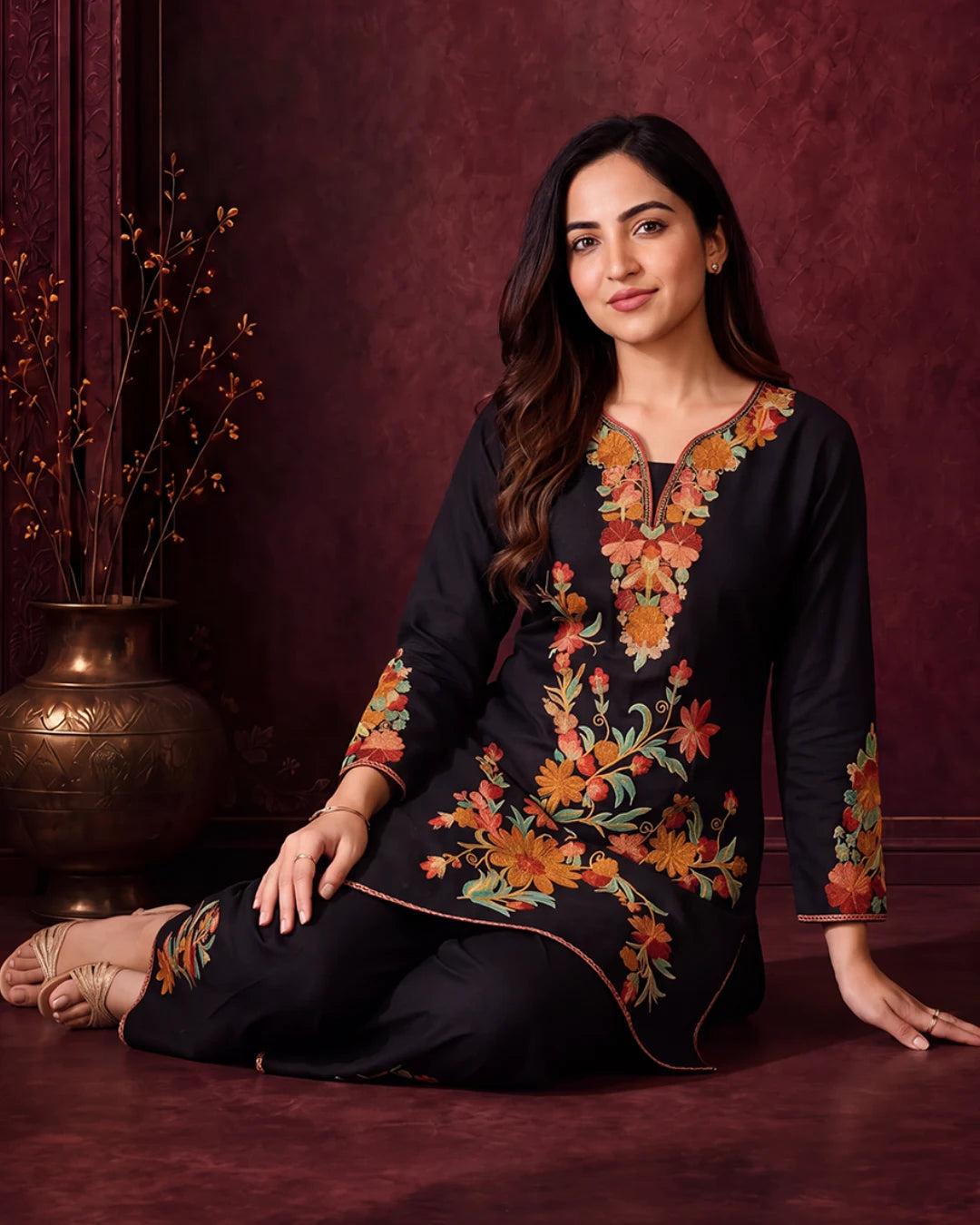 FIRAAZ BLACK FLORAL EMBROIDERED CO-ORD SET
