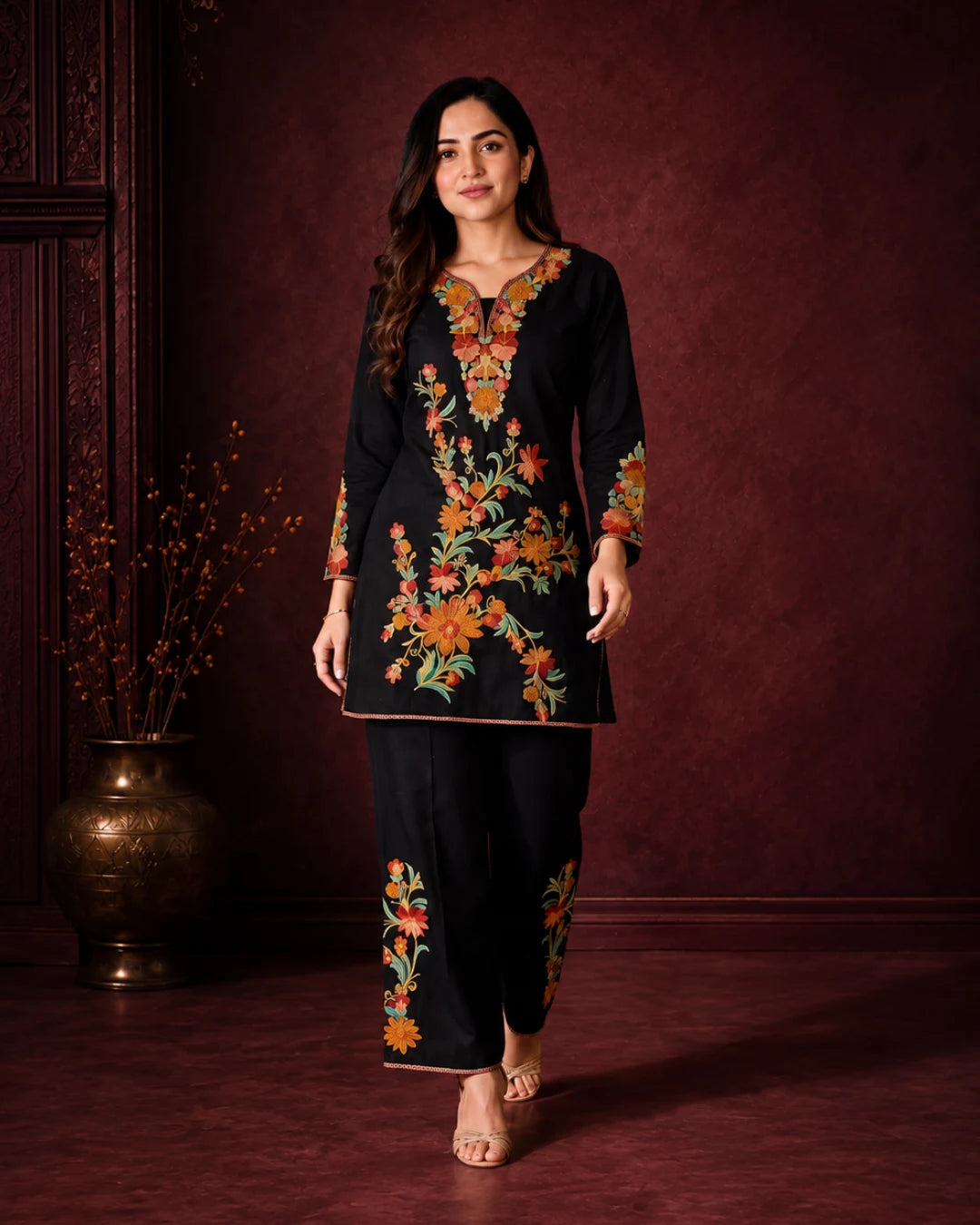 FIRAAZ BLACK FLORAL EMBROIDERED CO-ORD SET