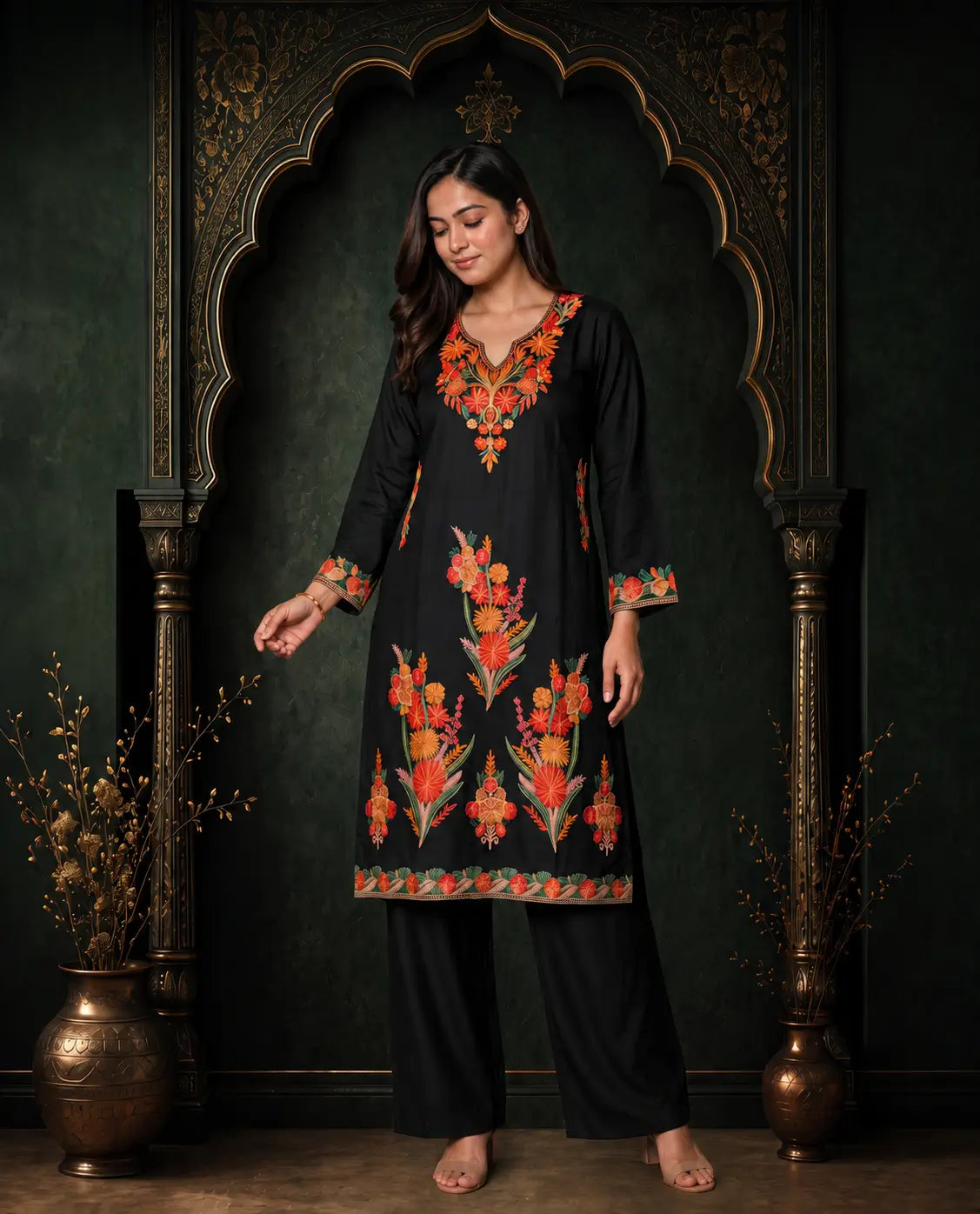 Meher Olive Green Embroidered Pheran Set