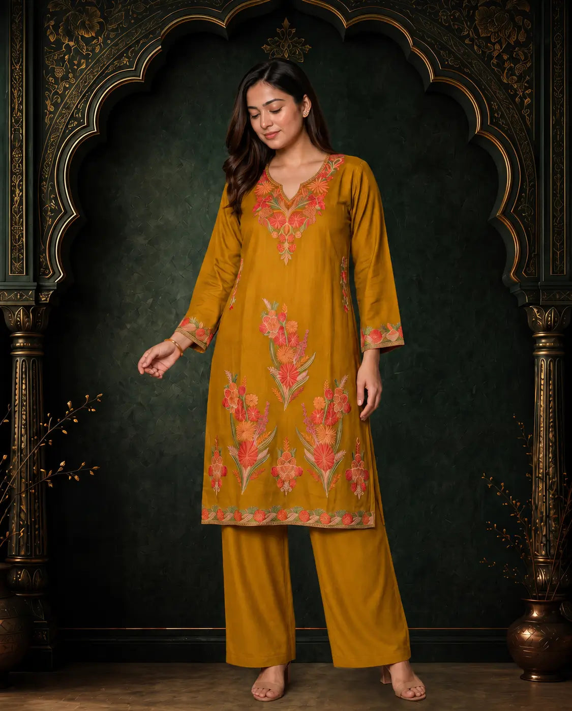 Meher Olive Green Embroidered Pheran Set