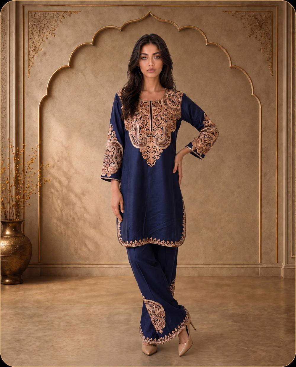 Mehr Navy Blue Embroidered Cord Set