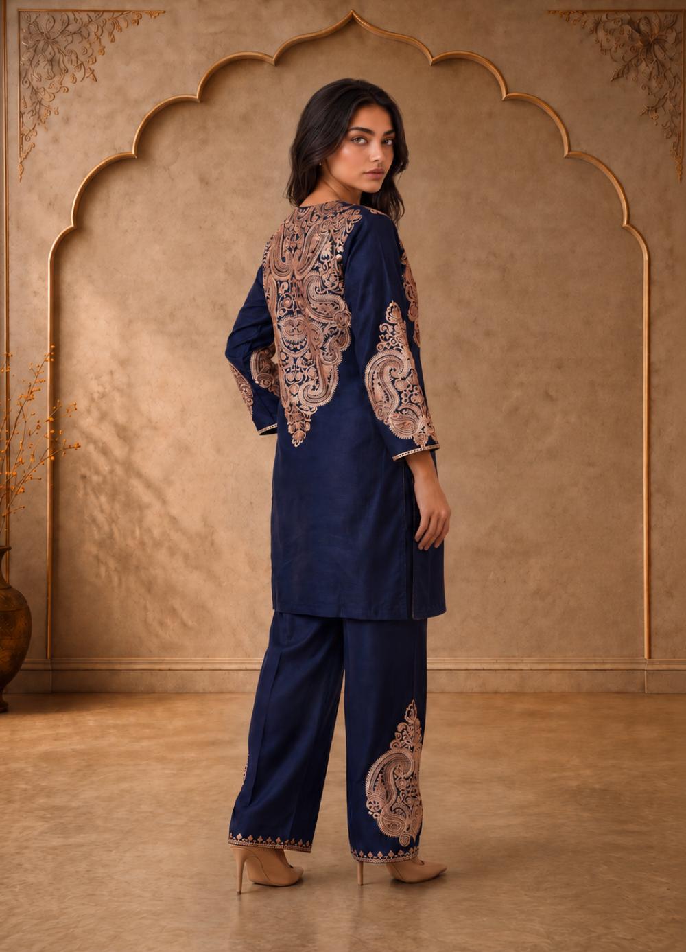 Mehr Navy Blue Embroidered Cord Set