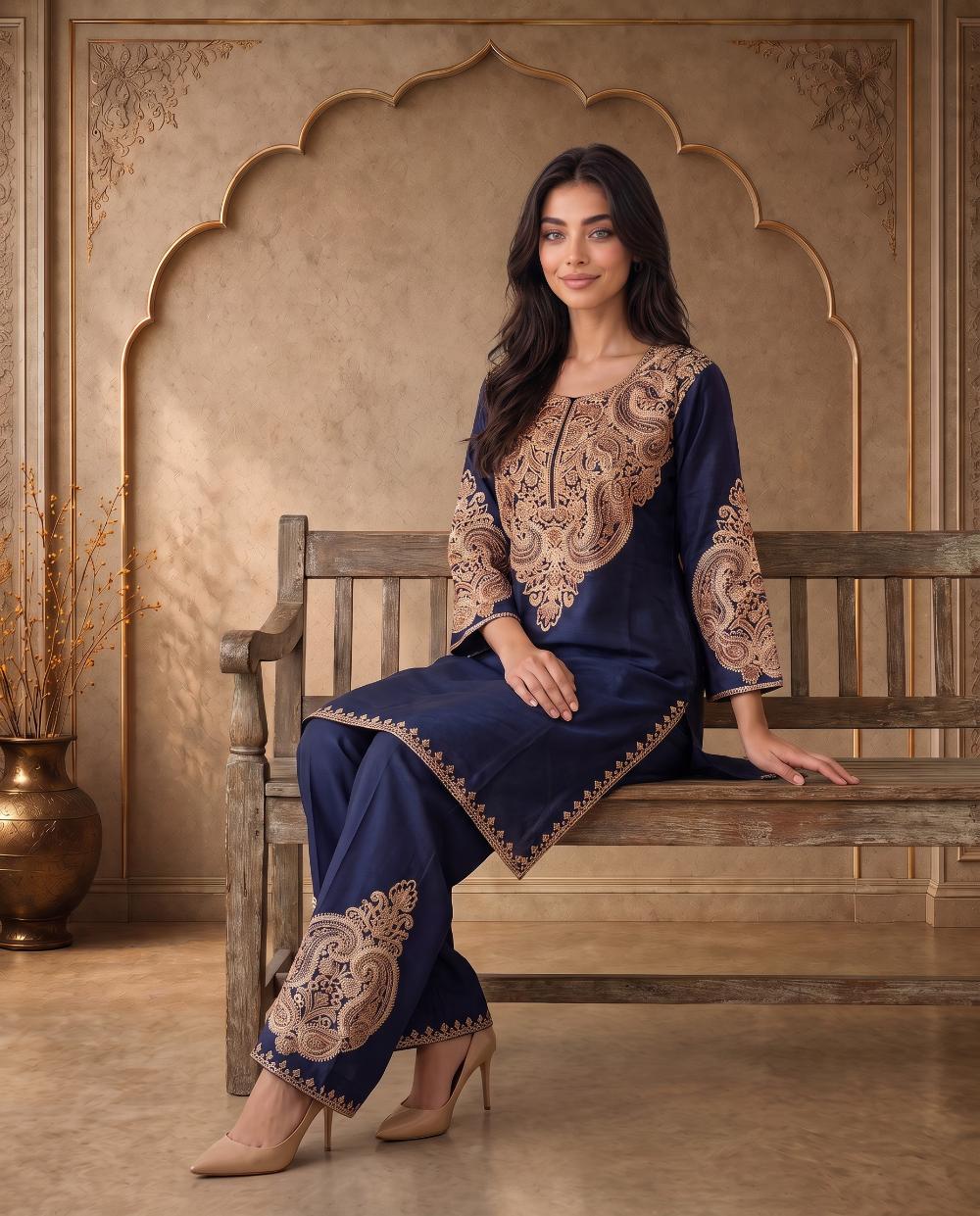 Mehr Navy Blue Embroidered Cord Set