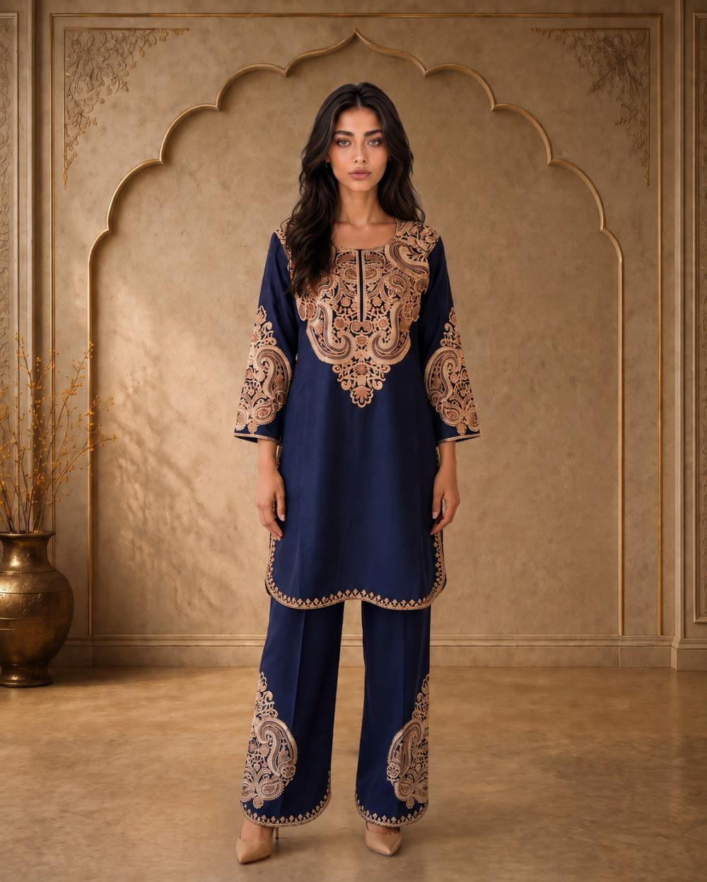 Mehr Navy Blue Embroidered Cord Set