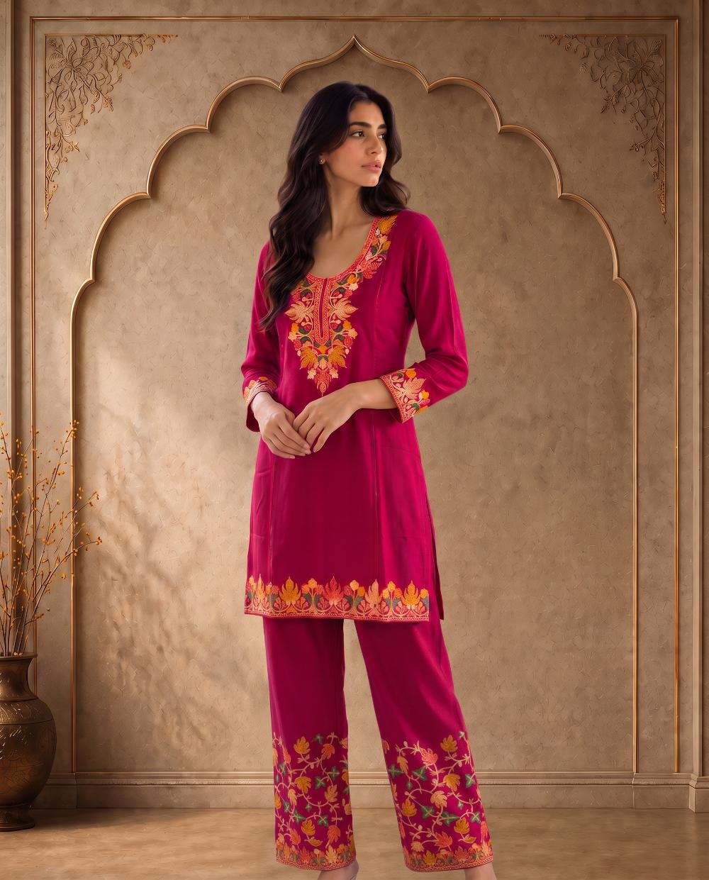 Gulnaar Fuchsia Pink Embroidered Co-ord Set