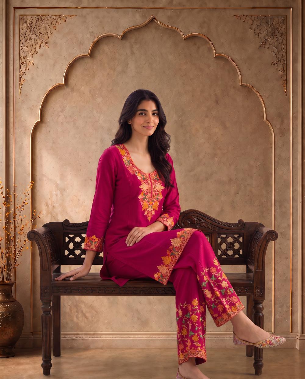 Gulnaar Fuchsia Pink Embroidered Co-ord Set