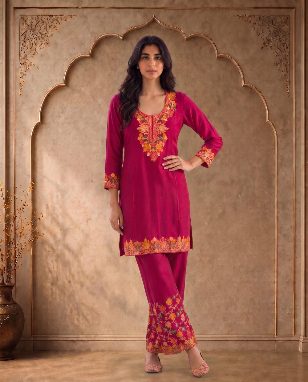 Gulnaar Fuchsia Pink Embroidered Co-ord Set