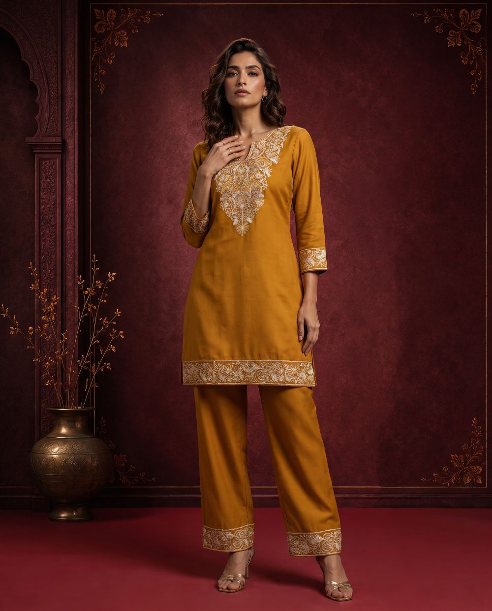 Zariya Mustard Yellow Embroidered Cord Set