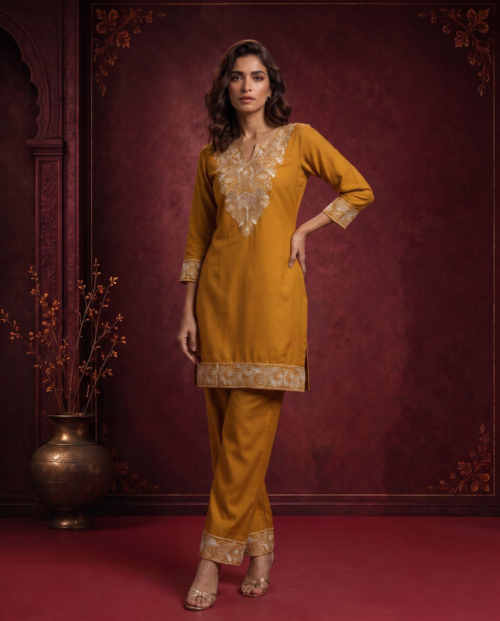 Zariya Mustard Yellow Embroidered Cord Set
