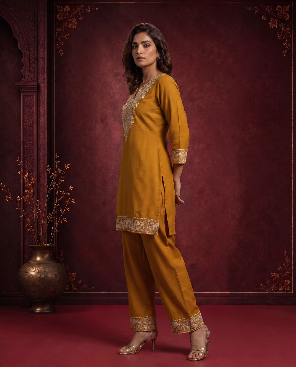 Zariya Mustard Yellow Embroidered Cord Set