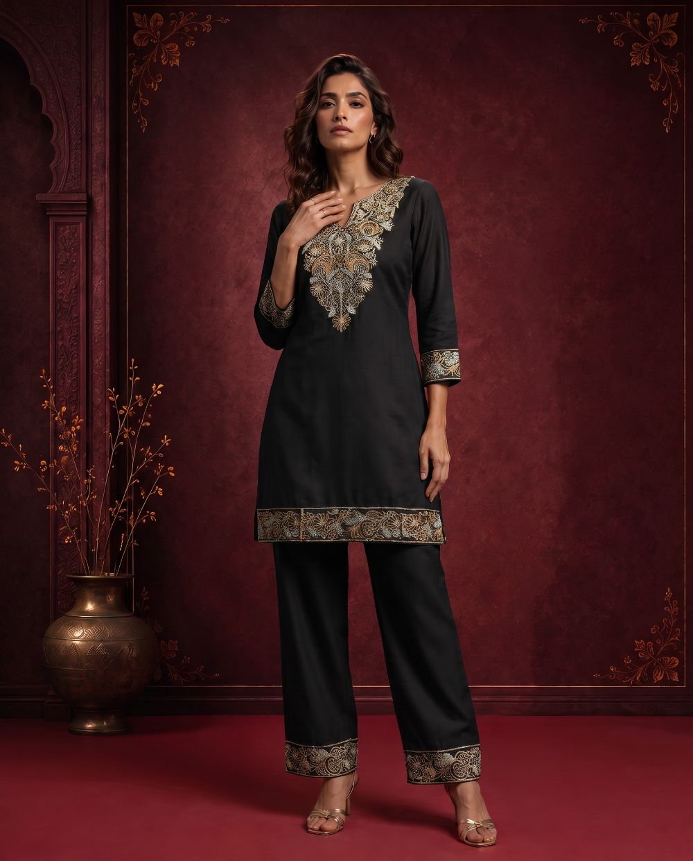 Zariya Mustard Yellow Embroidered Cord Set