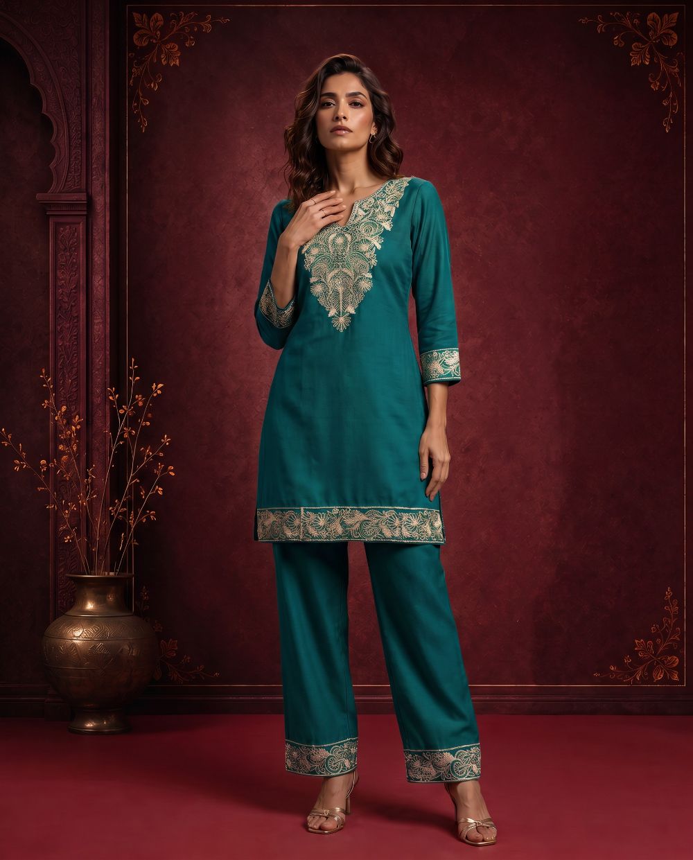 Zariya Mustard Yellow Embroidered Cord Set