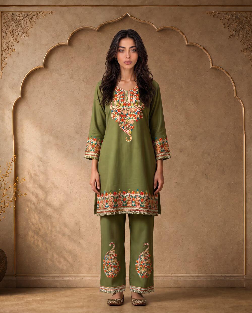 Meher Olive Green Paisley Embroidered Cord Set