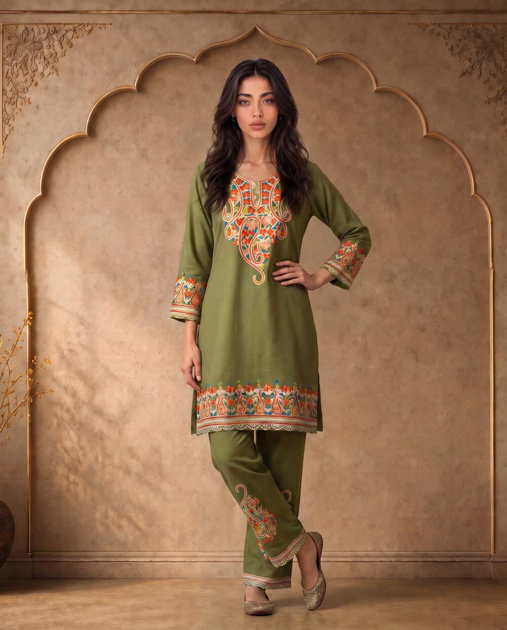 Meher Olive Green Paisley Embroidered Cord Set