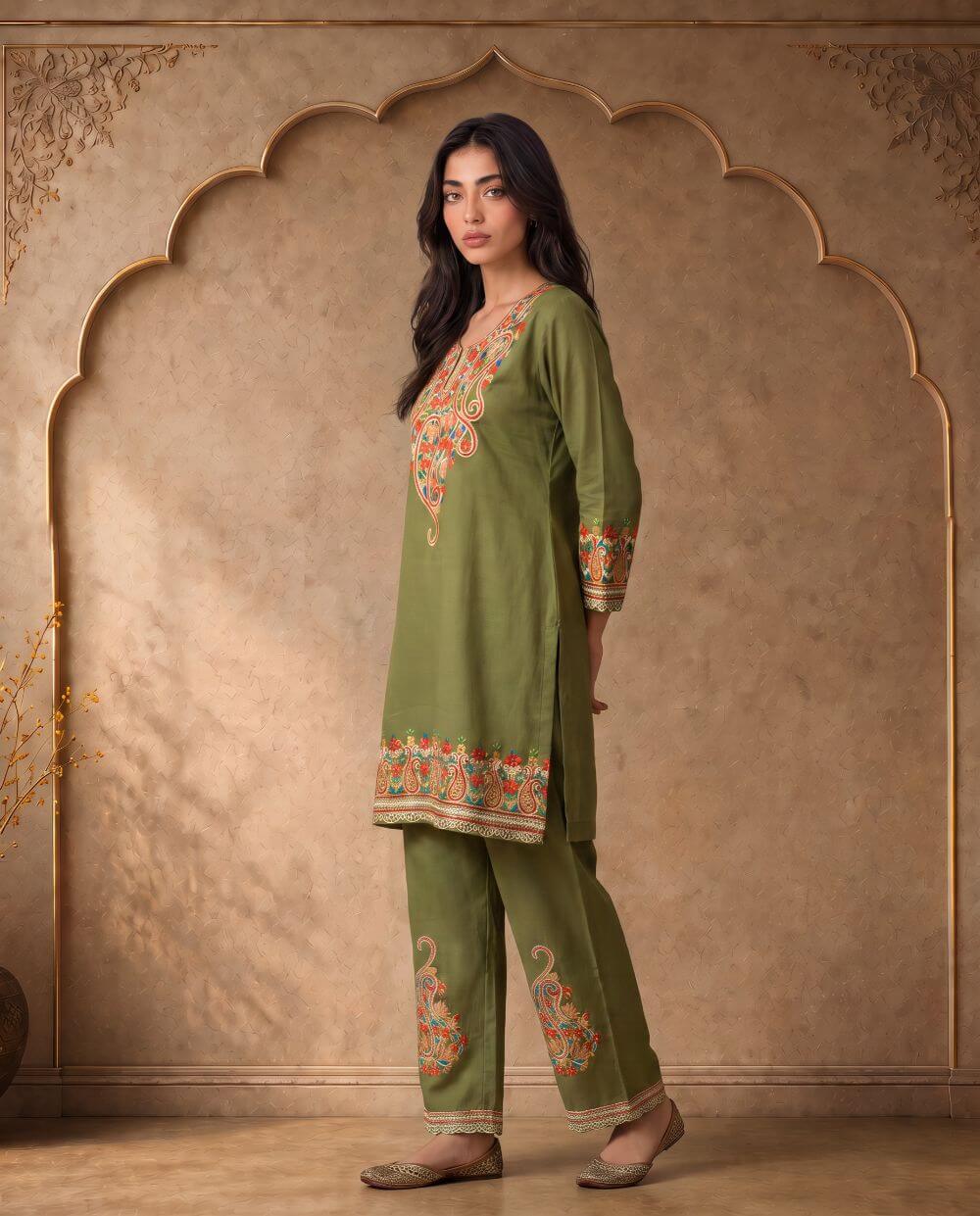 Meher Olive Green Paisley Embroidered Cord Set
