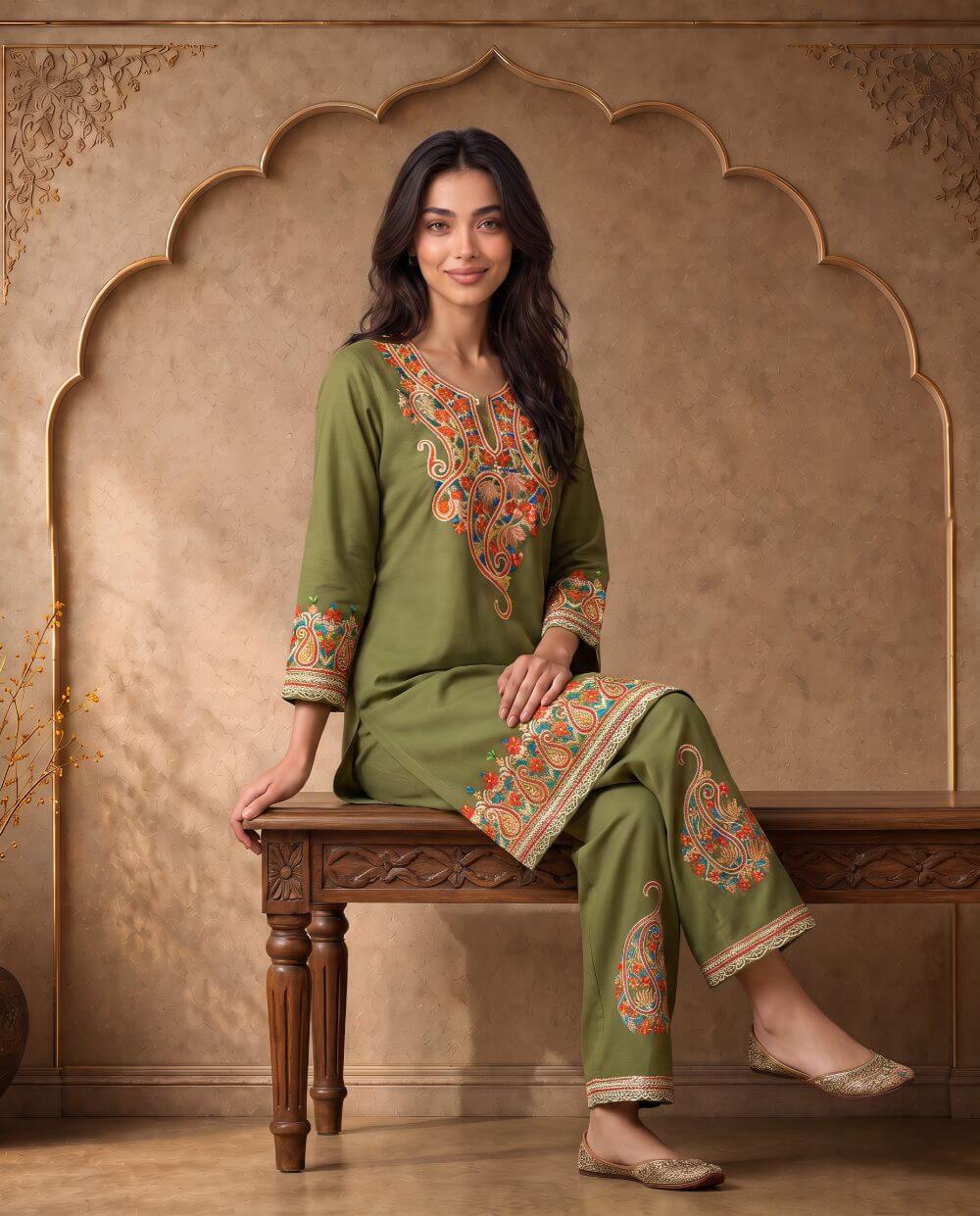 Meher Olive Green Paisley Embroidered Cord Set