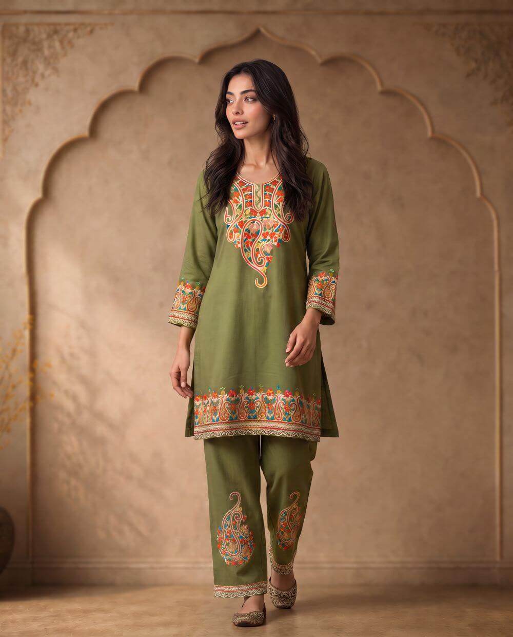 Meher Olive Green Paisley Embroidered Cord Set