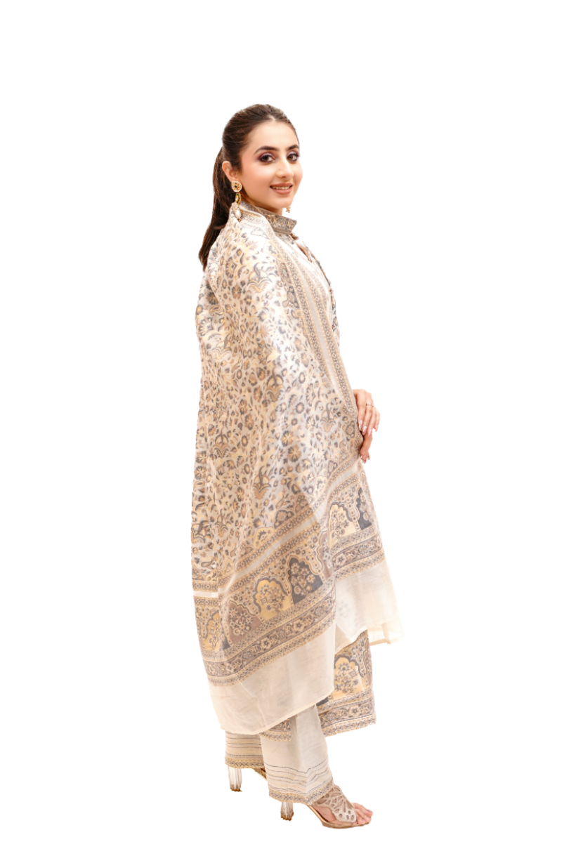 Traditional Kani Zari Suit For Women (Unstitched) - Ivory Indian silk