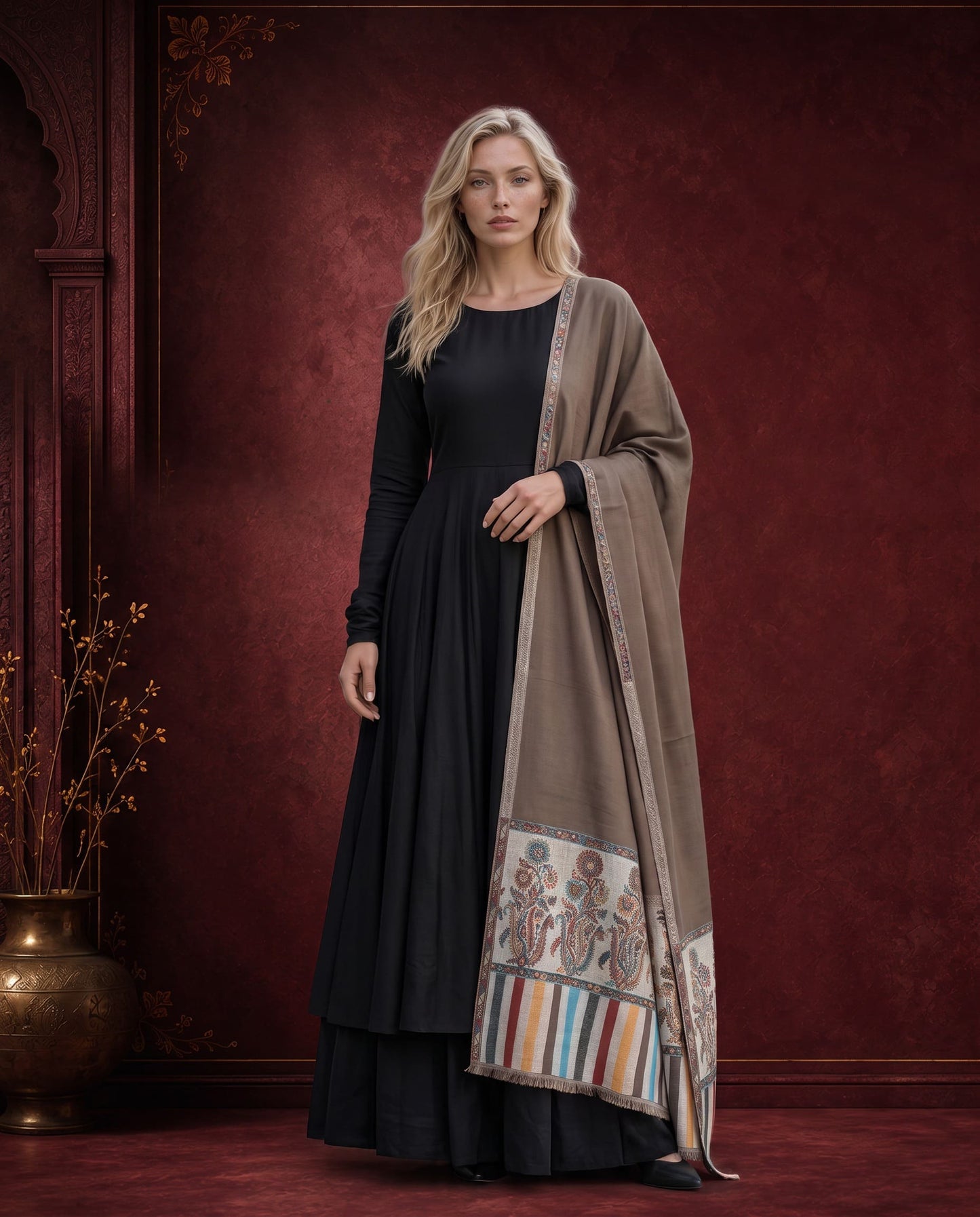 Royal Taupe Heritage Reversible Palla Shawl