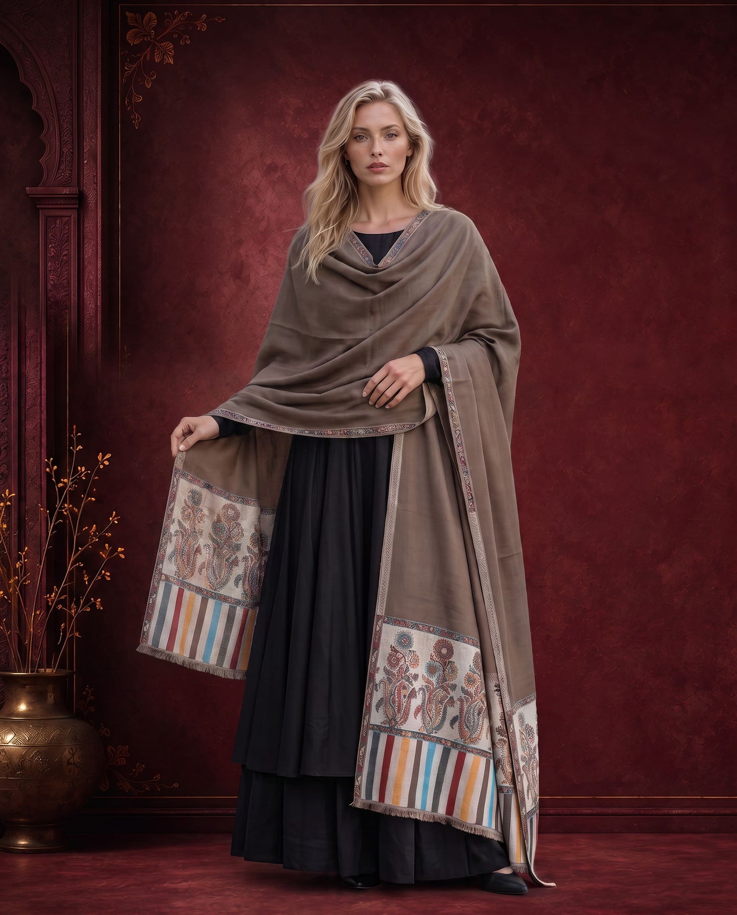 Royal Taupe Heritage Reversible Palla Shawl