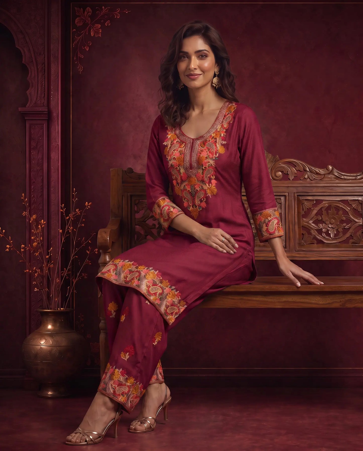 Olive Green Kashmiri Embroidered Cord Set