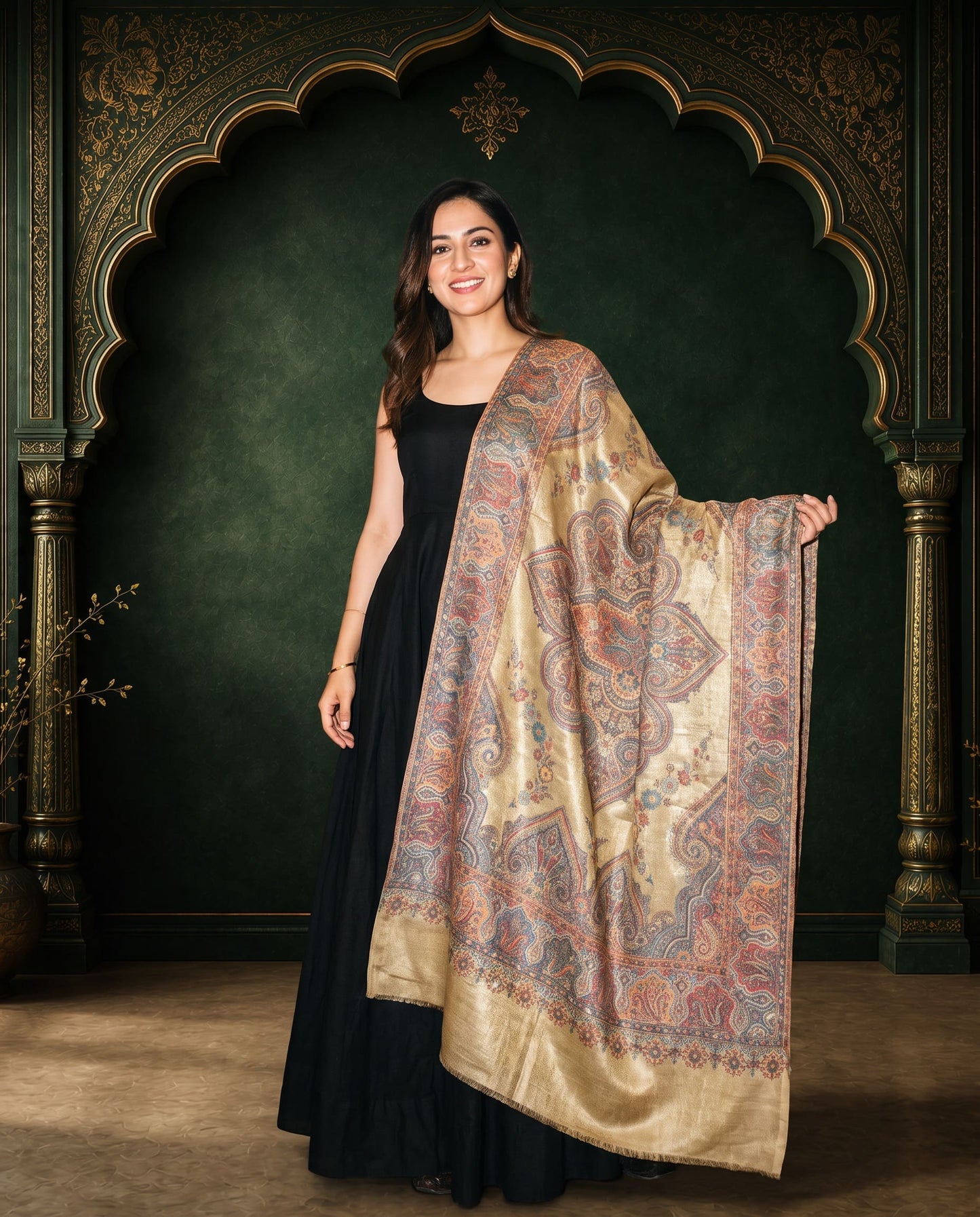 Royal Beige Paisley Moonlight Silk Dupatta