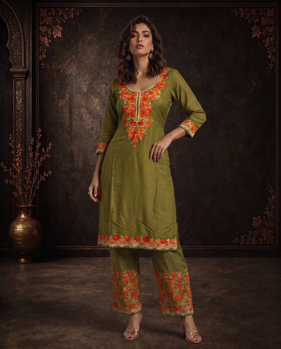 Zareen Olive Green Embroidered Cord Set