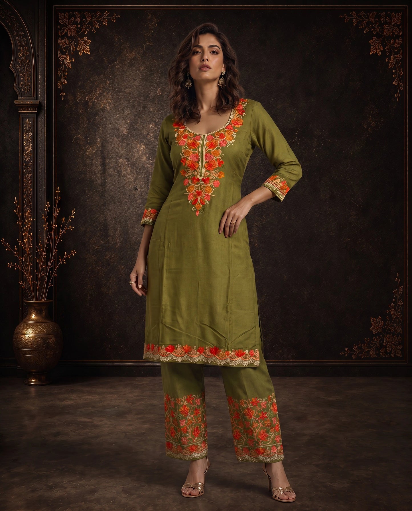Zareen Olive Green Embroidered Cord Set