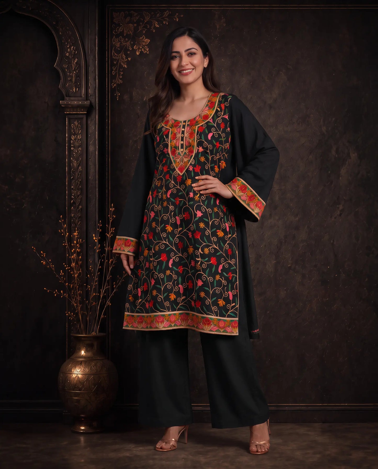 Gulzar Black Floral Embroidered Pheran for Women