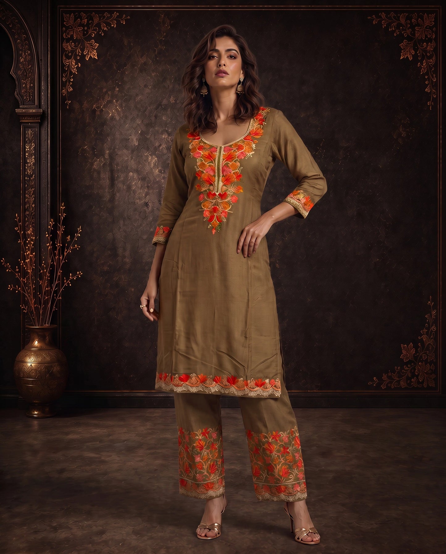 Zareen Olive Green Embroidered Cord Set