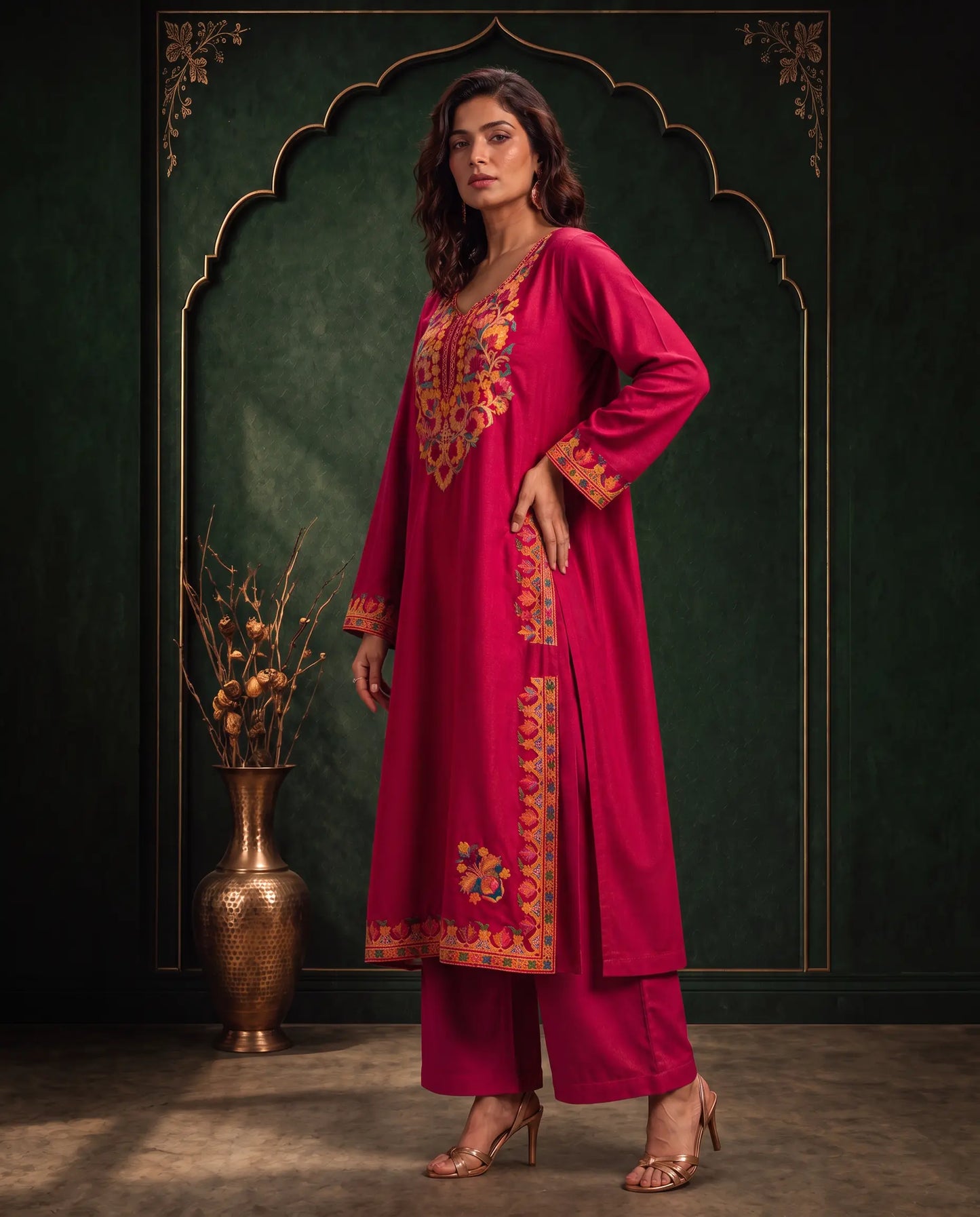Ruhani Crimson Red Embroidered Pheran Set