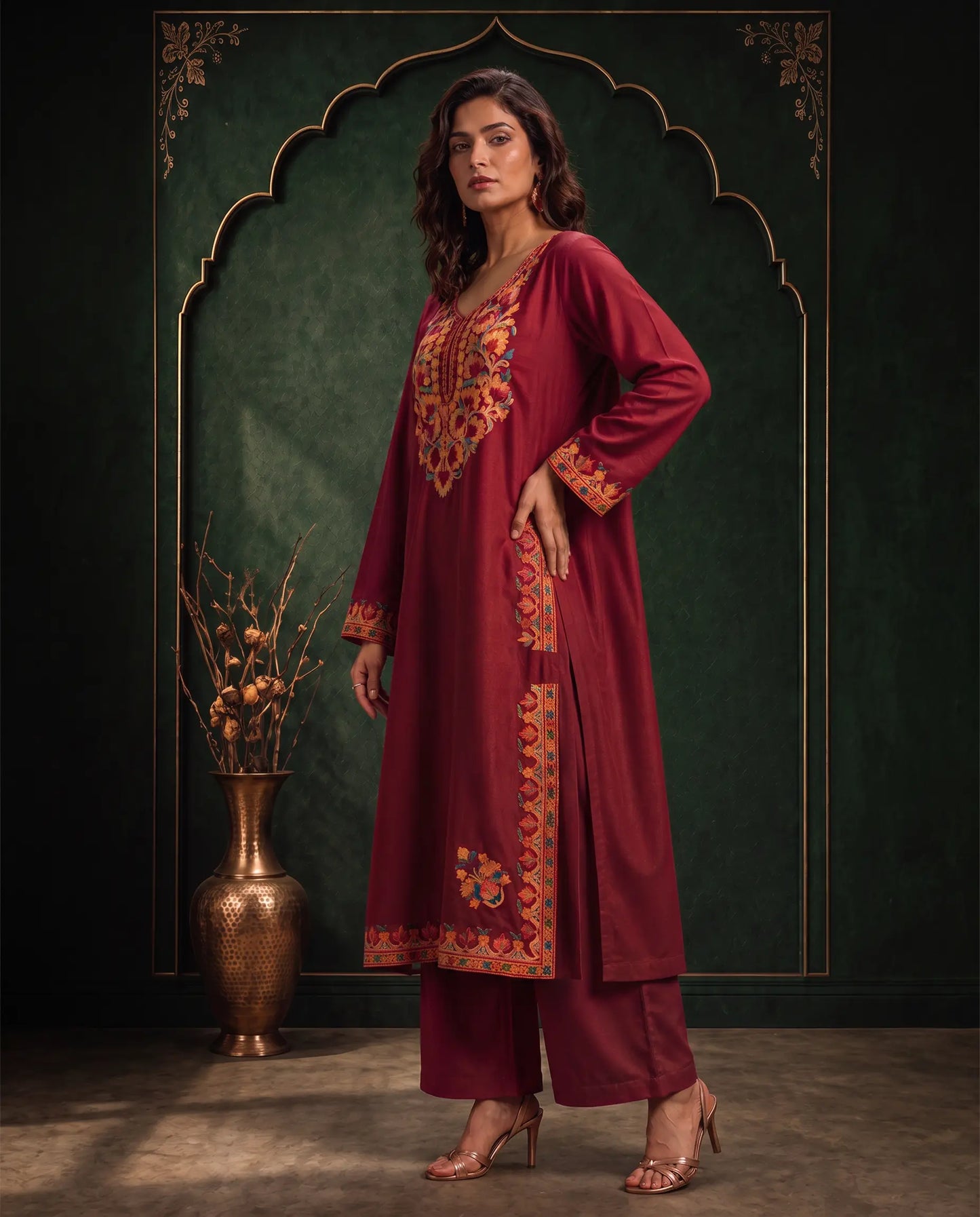 Ruhani Crimson Red Embroidered Pheran Set