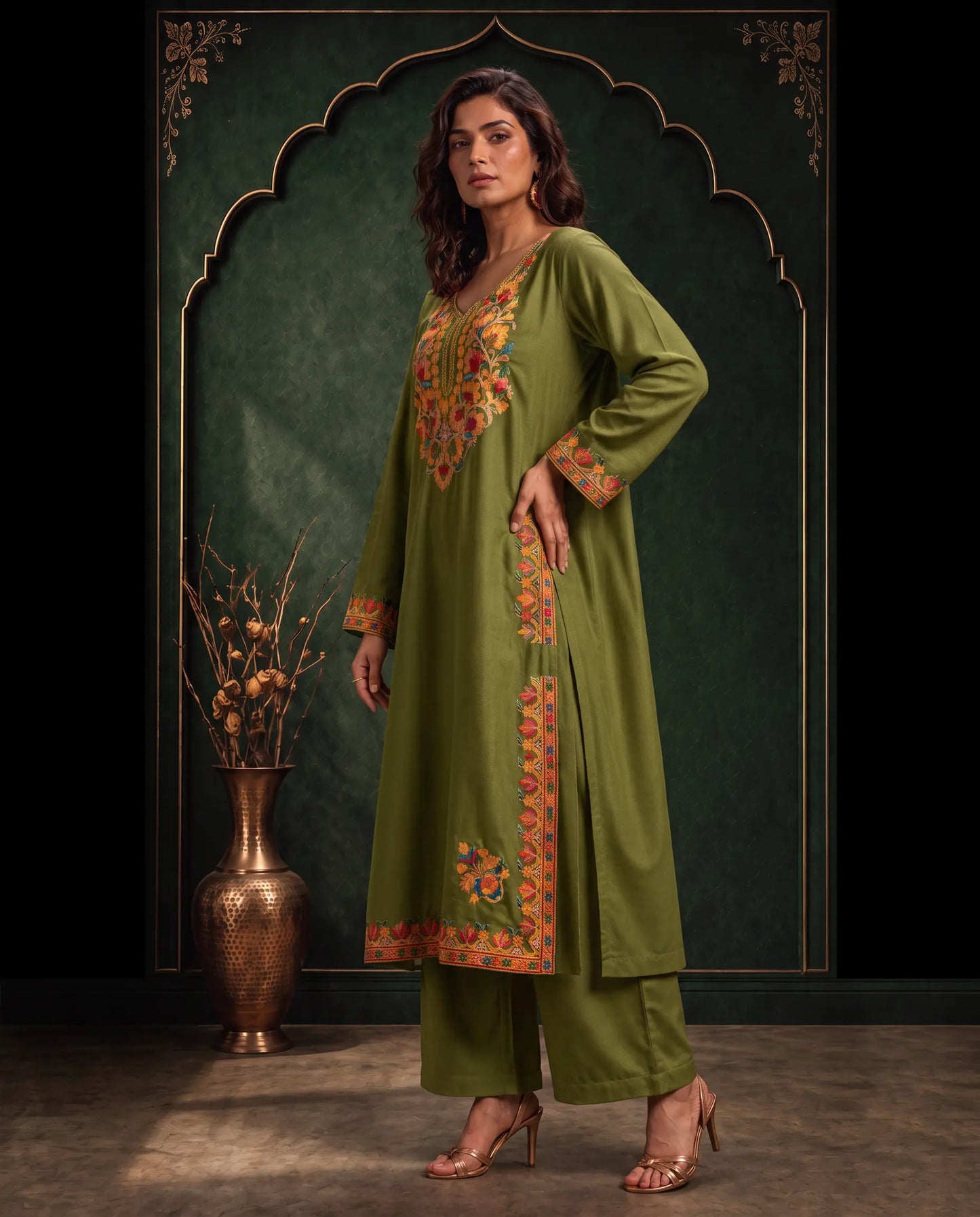 Ruhani Crimson Red Embroidered Pheran Set