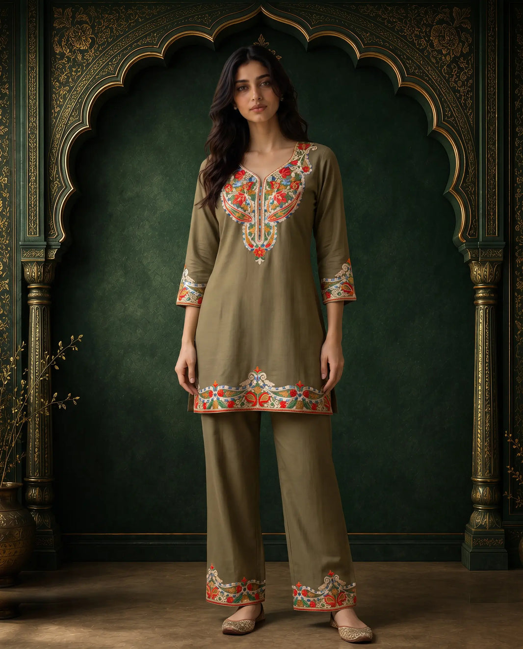 Afsana Taupe Olive Embroidered Cord Set