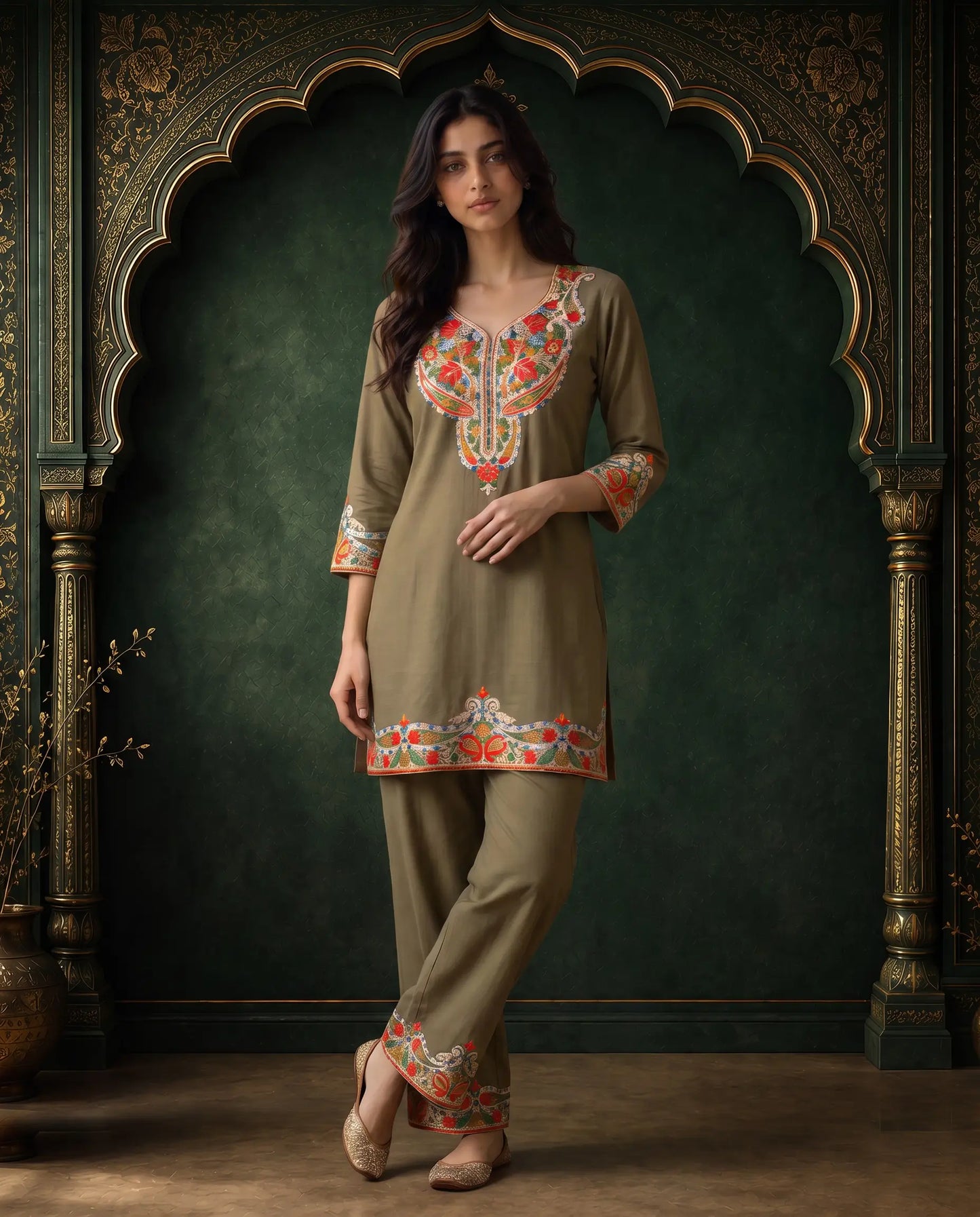 Afsana Taupe Olive Embroidered Cord Set