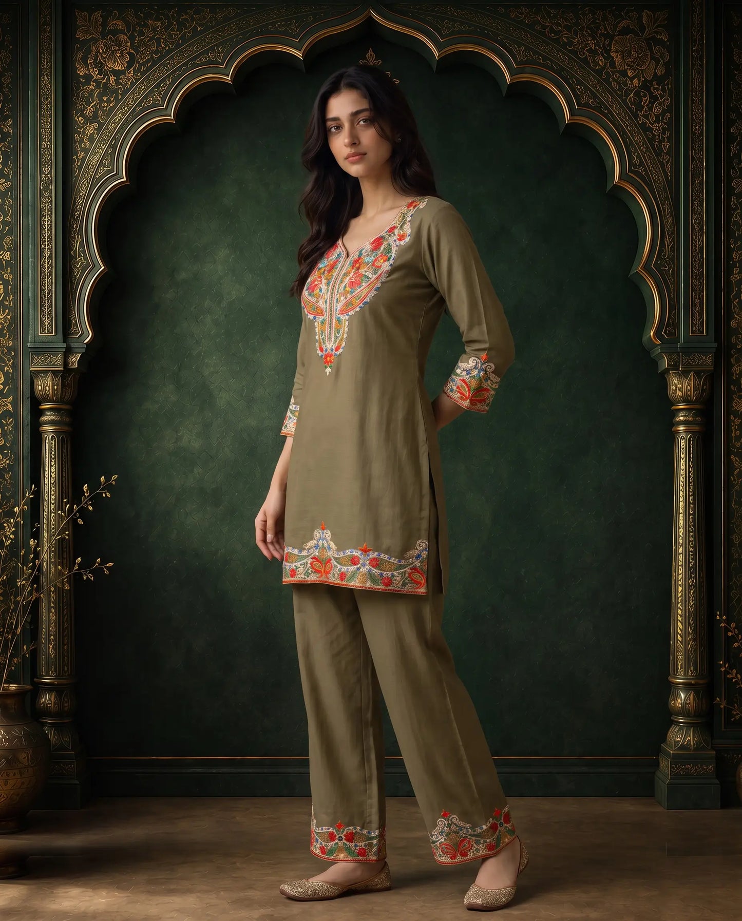 Afsana Taupe Olive Embroidered Cord Set