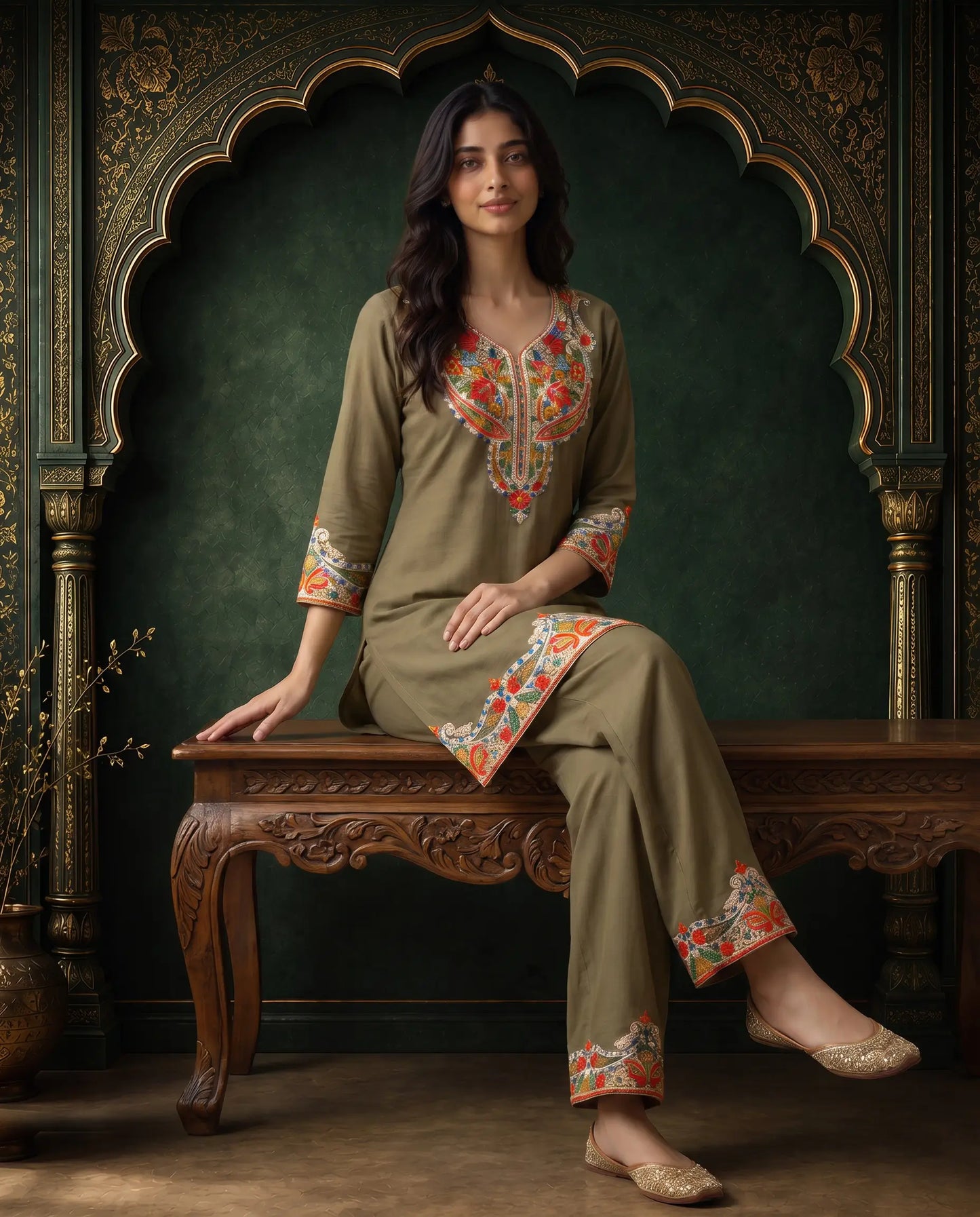 Afsana Taupe Olive Embroidered Cord Set