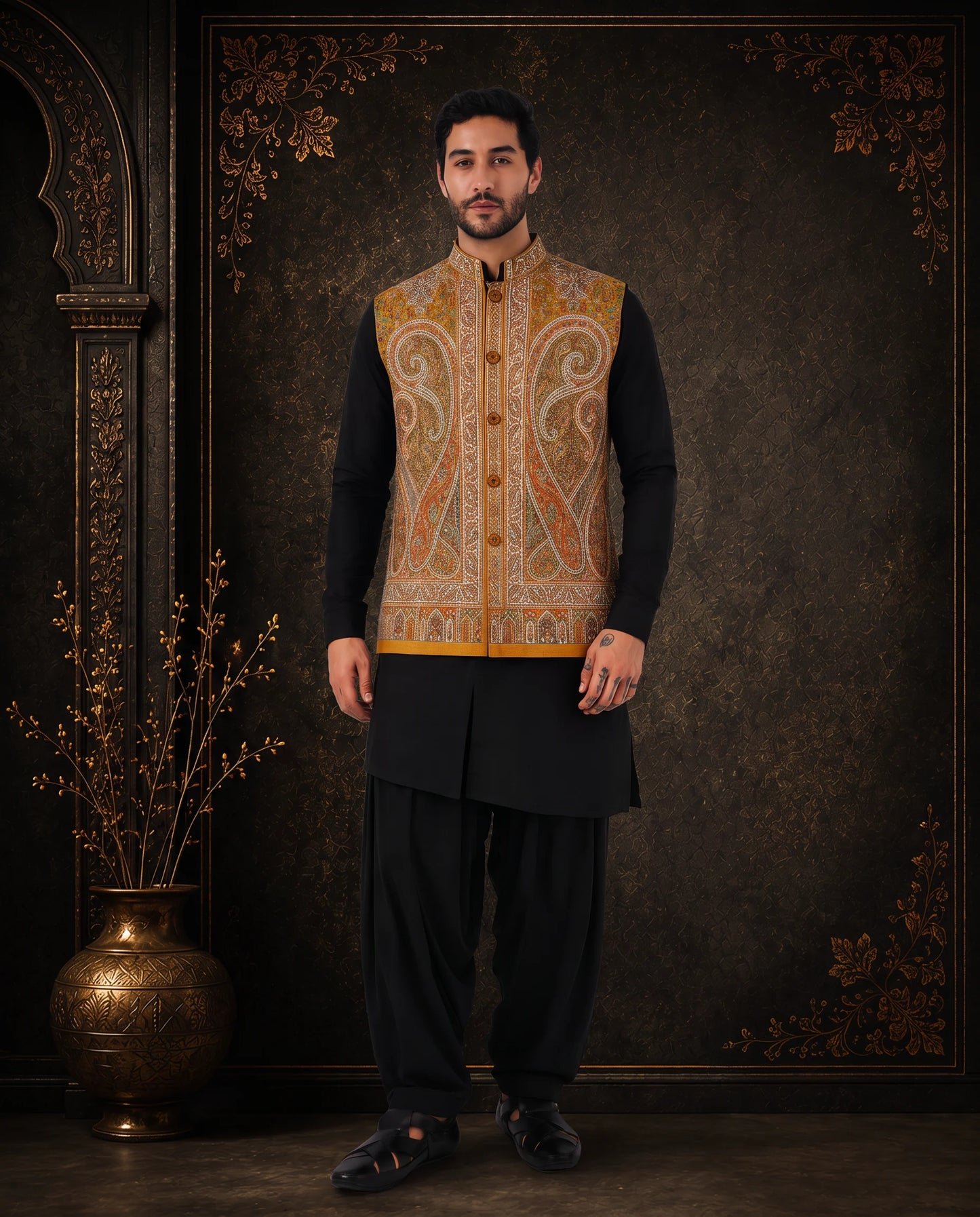 Aariz Mustard Paisley Nehru Jacket for Men