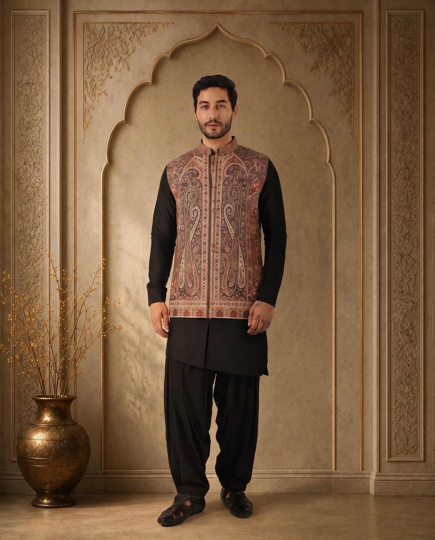 Zavian Rust Paisley Nehru Jacket for Men
