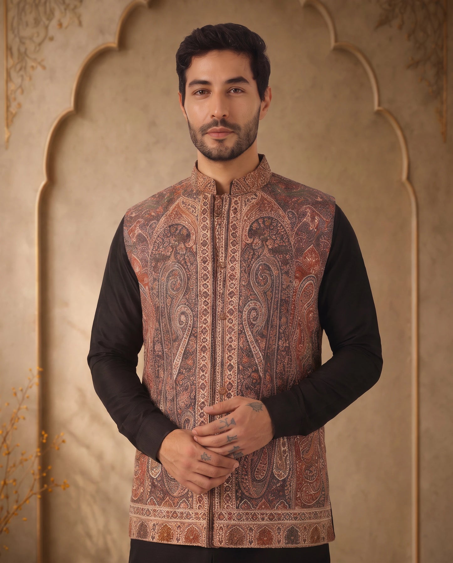 Zavian Rust Paisley Nehru Jacket for Men