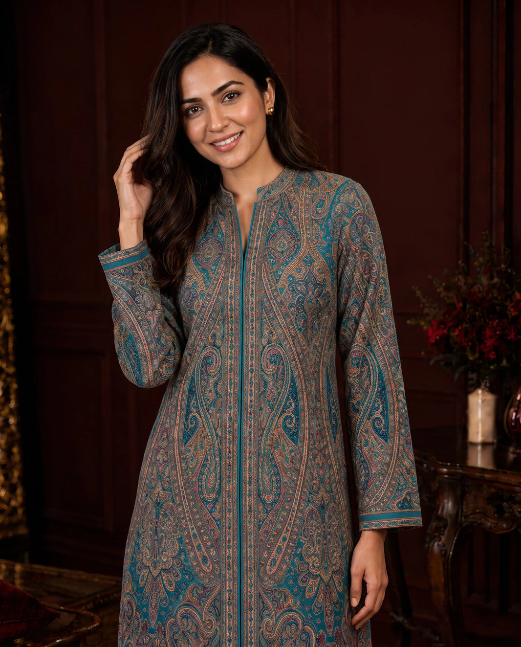 Ziya Teal Paisley Long Jacket for Women